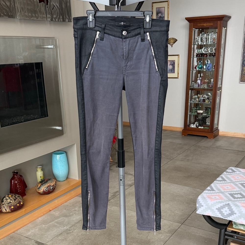 7 For All Mankind Two-Tone Zip-Trim Skinny Jeans - Gray & Black